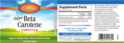 Photo of the Carlson Super Beta Carotene 25,000 IU (15 mg) label
