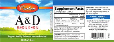 Photo of the Carlson A & D 10,000 IU & 400 IU label