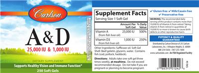 Photo of the Carlson A & D 25,000 IU & 1,000 IU label
