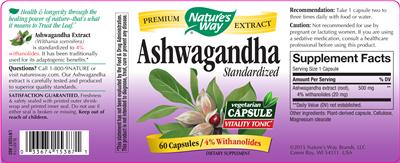 Photo of the Nature's Way Ashwagandha Standardized label