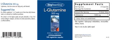 Photo of the Allergy Research Group L-Glutamine 500 mg label