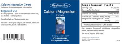 Photo of the Allergy Research Group Calcium Magnesium Citrate label