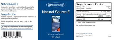 Photo of the Allergy Research Group Natural Source E label