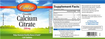Photo of the Carlson Chewable Calcium Citrate 250 mg label