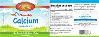 Photo of the Carlson Kid's Chewable Calcium label