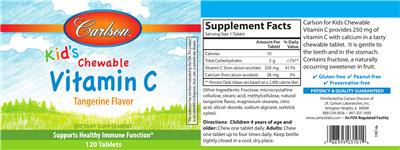 Photo of the Carlson Kid's Chewable Vitamin C Tangerine Flavor label