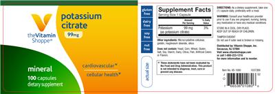 Photo of the The Vitamin Shoppe Potassium Citrate 99 mg label