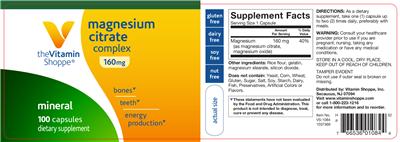 Photo of the The Vitamin Shoppe Magnesium Citrate Complex 160 mg label