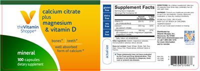 Photo of the The Vitamin Shoppe Calcium Citrate Plus Magnesium & Vitamin D label