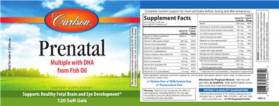 Photo of the Carlson PreNatal Multiple With DHA From Fish Oil label