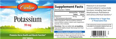 Photo of the Carlson Potassium 99 mg label