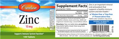 Photo of the Carlson Zinc 15 mg label
