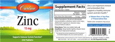Photo of the Carlson Zinc 15 mg label