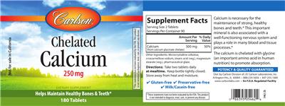 Photo of the Carlson Chelated Calcium 250 mg label