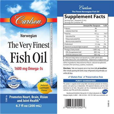 Photo of the Carlson The Very Finest Fish Oil Natural Lemon Flavor label