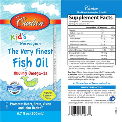 Photo of the Carlson Kid's Norwegian The Very Finest Fish Oil Natural Lemon Flavor label
