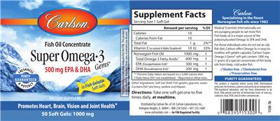 Photo of the Carlson Super Omega-3 Gems label