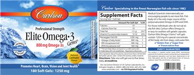 Photo of the Carlson Elite Omega-3 Gems Natural Lemon Flavor label