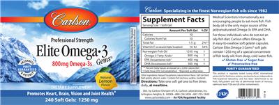Photo of the Carlson Elite Omega-3 Gems Natural Lemon Flavor label