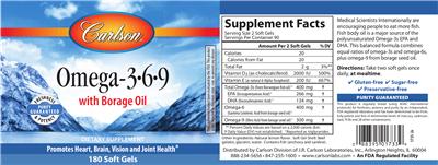 Photo of the Carlson Omega-3-6-9 with Borage Oil label
