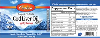 Photo of the Carlson Cod Liver Oil Gems Lightly Lemon label