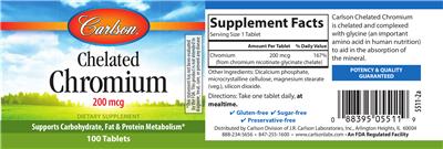 Photo of the Carlson Chelated Chromium 200 mcg label