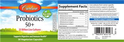 Photo of the Carlson Probiotics 50+ label