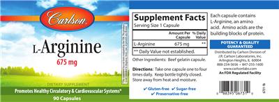 Photo of the Carlson L-Arginine 675 mg label