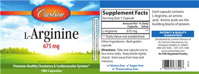 Photo of the Carlson L-Arginine 675 mg label