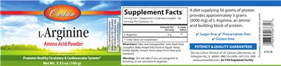 Photo of the Carlson L-Arginine Amino Acid Powder label