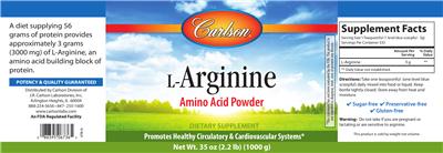 Photo of the Carlson L-Arginine Amino Acid Powder label