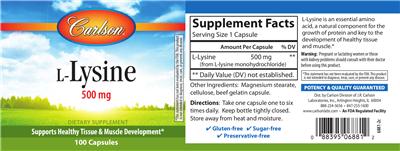 Photo of the Carlson L-Lysine 500 mg label