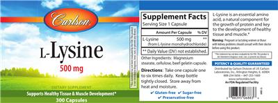 Photo of the Carlson L-Lysine 500 mg label