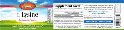 Photo of the Carlson L-Lysine Amino Acid Powder label