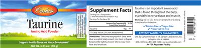 Photo of the Carlson Taurine Amino Acid Powder label