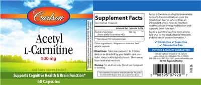 Photo of the Carlson Acetyl L-Carnitine 500 mg label