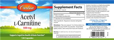 Photo of the Carlson Acetyl L-Carnitine 500 mg label