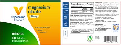 Photo of the The Vitamin Shoppe Magnesium Citrate 200 mg label