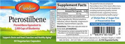Photo of the Carlson Pterostilbene label
