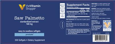 Photo of the The Vitamin Shoppe Saw Palmetto Standardized Extract 160 mg label