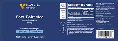 Photo of the The Vitamin Shoppe Saw Palmetto Standardized Extract 320 mg label