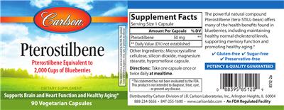 Photo of the Carlson Pterostilbene label
