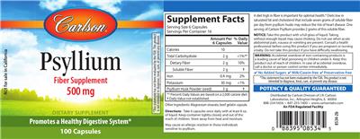 Photo of the Carlson Psyllium 500 mg label