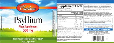 Photo of the Carlson Psyllium 500 mg label