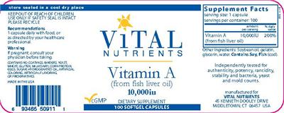 Photo of the Vital Nutrients Vitamin A (from Fish Liver Oil) 10,000 IU label