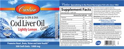 Photo of the Carlson Cod Liver Oil Gems Lightly Lemon label