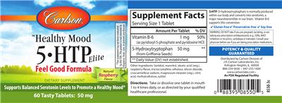 Photo of the Carlson 5-HTP Elite Natural Raspberry Flavor label