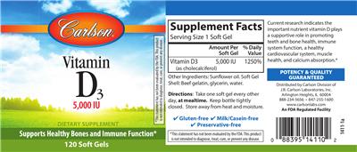Photo of the Carlson Vitamin D3 5,000 IU label