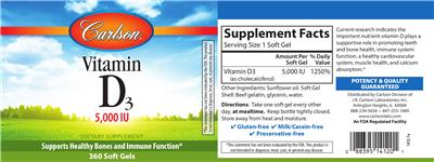Photo of the Carlson Vitamin D3 5,000 IU label