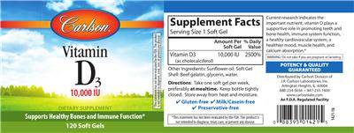 Photo of the Carlson Vitamin D3 10,000 IU label